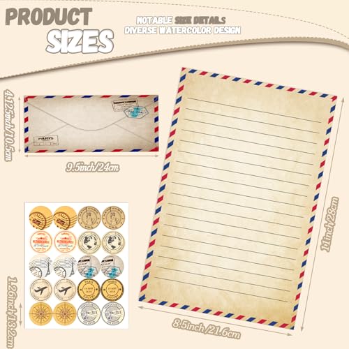 Image of TaoBary 160 Pcs Stationery Paper Set 50 Double Sided Stationery Papers with 50 Matching Envelopes and 60 Round Dot Sticker, 10 Design(Vintage Travel,8.5 x 11 Inch)