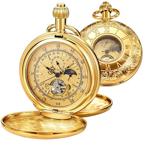 Image of Men's Mechanical Pocket Watch with Chain, Vintage Full Copper Hand-Wind Second&24hours Sub-dials Pocket Watches for Men with Box