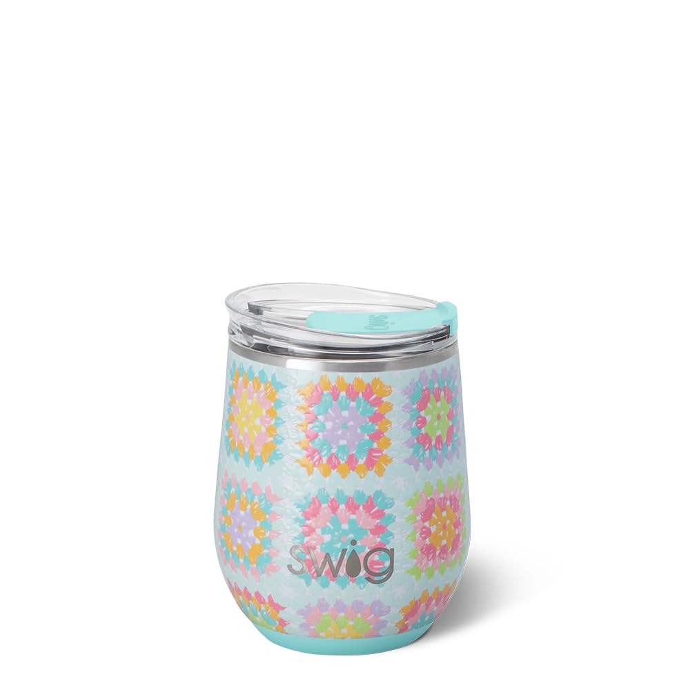 Swig Life 12oz Wine Tumbler with Lid, Stainless Steel, Dishwasher Safe, Portable, Triple Insulated Wine Tumbler (Granny Squares)