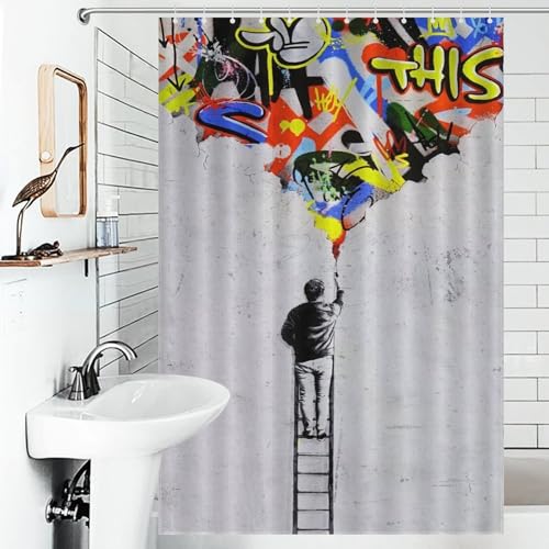Rideau de douche imperméable graffiti moderne en tissu pour salle d'eau - 4