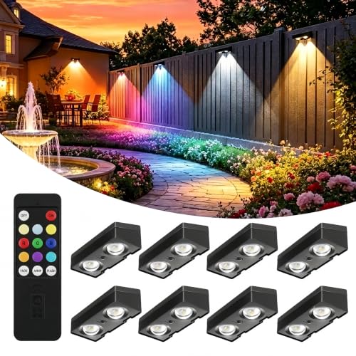 Image of Solar Fence Lights with Remote 8 Pack, RGB LED Solar Powered Light Outdoor