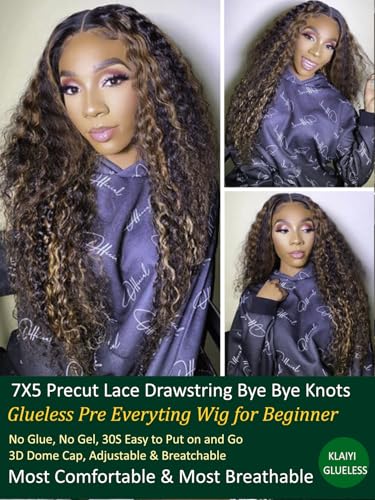 Image of KLAIYI Ombre Brown Water Wave Bye Bye Knots Glueless Wig Human Hair Pre Cut 7x5 Lace Front Wigs Drawstring Pre Plucked Bleached Highlight Balayage Curly Ready to Wear and Go Wig with Dark Roots 26Inch
