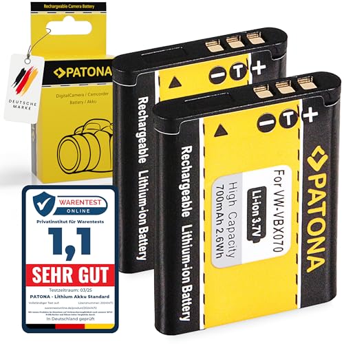 PATONA 2X VBX070 Batterie 700mAh Remplacement pour Panasonic VW-VBX070 VBX070E Toshiba PX1686 Sanyo DB-L80 DB-L80A Pentax D-Li88 Compatible avec Panasonic...