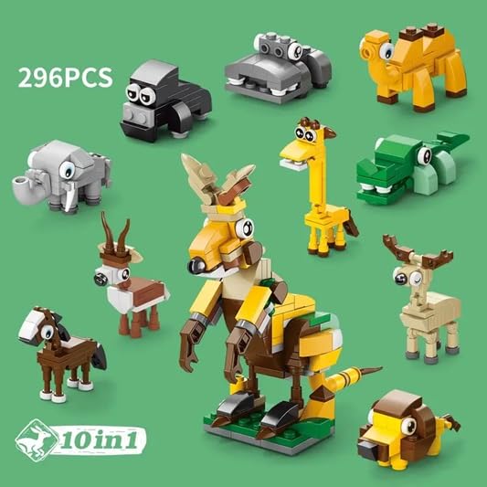 Image of Building Blocks Bricks Set, Build, Learn and Play, Construction, Educational Interactive Creative DIY Toy, Compatible with All Major Brands (10 in 1, Cute Wildlife Jungle Animals Paradise, 296 Pcs)
