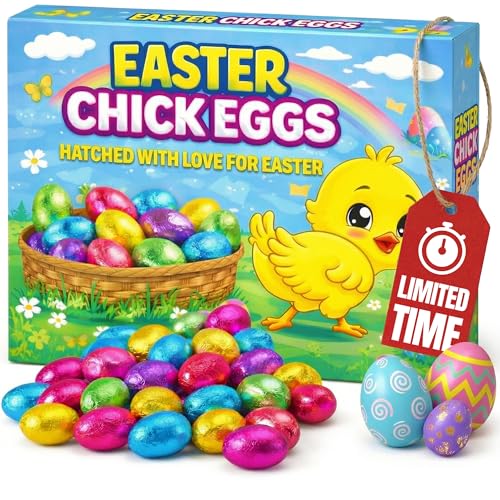 Easter Chicks Chocolate Mini Eggs 100g - Classic Easter Eggs Chocolates Gift Box for Kids & Adults - Assorted Brightly Foiled Wrapped Novelty Milk Cocoa Filled Sweet Treats Thank You Gifts