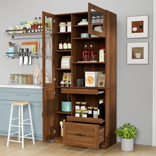 Image of Farmhouse Kitchen Hutch Pantry Cabinet, 70.87 inch Tall Freestanding Cupboard with Multi-Tier Storage Rack and Microwave Stand for Kitchen, Dining Room, Walnut