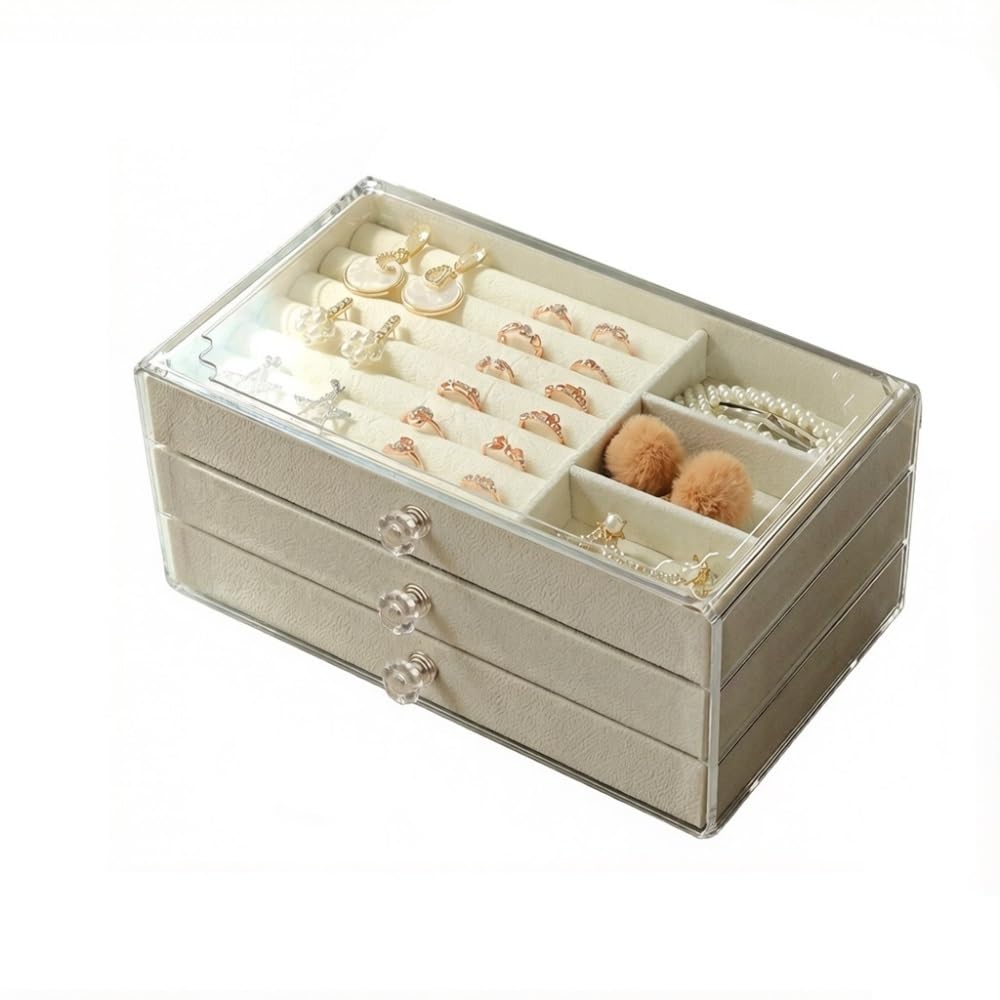 Caja de almacenamiento de joyas de terciopelo acrílico con 3 cajones para