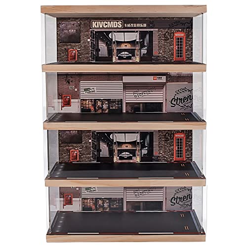 kivcmds 1:24 Scale 4-Tiers Vehicle Model Display Case with Parking Lot Scene for Sports Car Model and Lego Collectors, Display Stand for Alloy Car Model Toy (4-Tiers Auto Repair Store Scene)