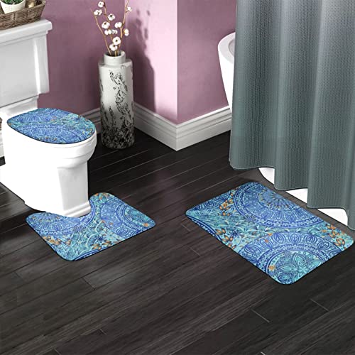 MBNGGAB Badematte + Konturmatte + Toilettendeckelbezug, Retro Blau Blumen 3 Stück Badematte Set, mit rutschfester Klebeunterseite – Bild 3