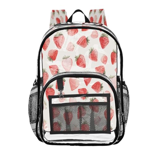 Cute Watercolor Strawberry Clear Backpack - Stadium Approved Large 15.7-inch Waterproof Transparent Bag for Sports, Concerts, Work, Travel#97