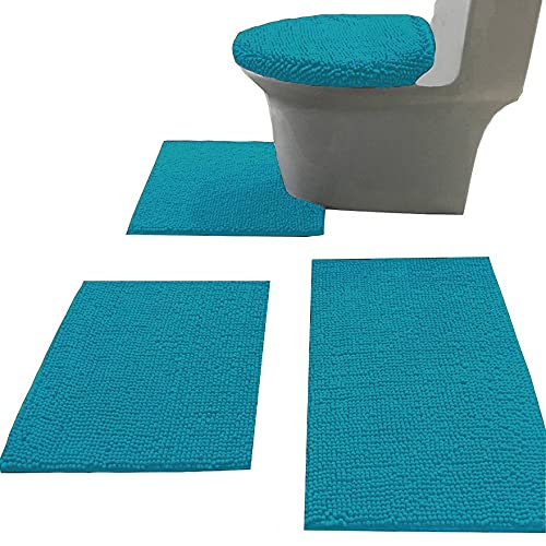 Madeals Chenille Bath Rug Set 4 Piece with Toilet Lid Cover and Rug Set Combo, Soft Shaggy Bath Rug Set 3 Piece and U-Shaped Toilet Floor Rug Teal
