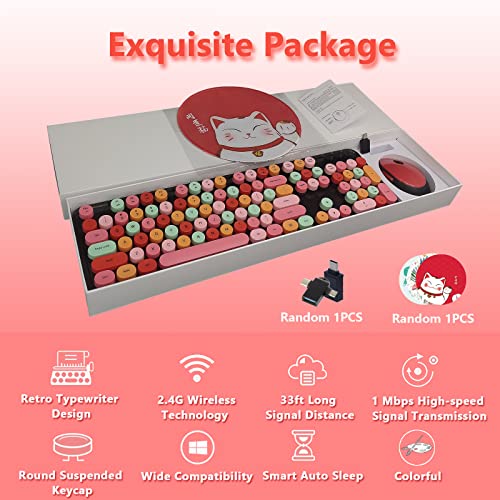 Image of Wireless Keyboard and Mouse Combo, Ergonomic Cute Retro Typewriter Full Size Colorful USB Cordless Keyboard Mouse Set for Gaming and Office (Red)
