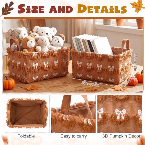 Image of 2 Pcs Pumpkin Bow Storage Basket 14x10'' Fall Pumpkin Storage Bin | Back to School Gift, Fluffy Plush, Closet Organizer with Handle, Thanksgiving, Halloween, Home Office Laundry Car Shelves