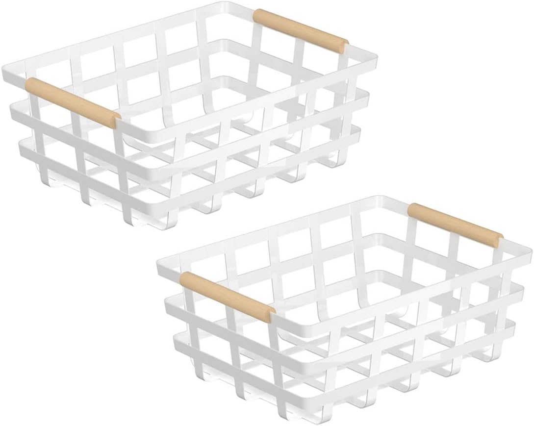 Farmhouse Baskets Wire Storage Baskets, Pantry Organizer Baskets with Wood Handle