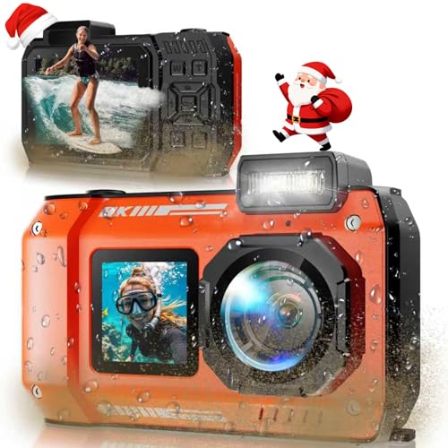 Maxmango D50 8K & 33FT Unterwasserkamera 2.8'' Dual Screens Waterproof, dustproof, Shockproof Digital Camera with 2500mAh Battery&64GB,18X for Snorkelling, Swimming and Holidays
