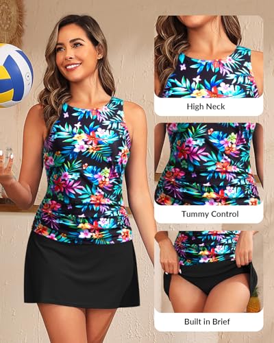 Image of Daci Womens Tankini Swimsuits with Skirt - Two Piece Tummy Control Bathing Suits High Neck Swimwear