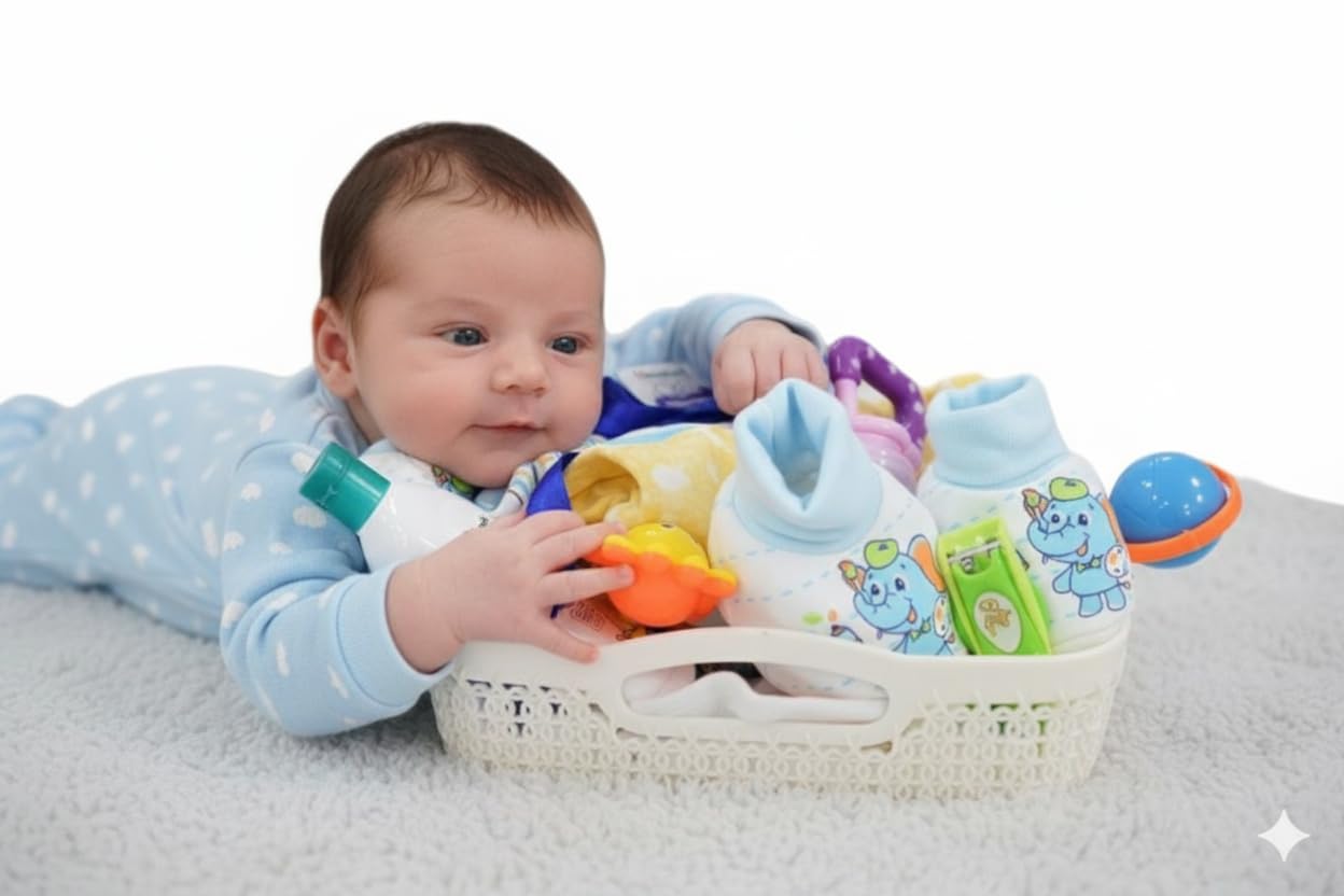 Silakaari Kids New Born Baby Shower Gift Set & Hamper For Boys (15 Pcs) | 2 Set Of Clothes, 1 Himalaya powder, 1 Himalaya Oil, 1 Himalaya Soap, 1 pair of Socks, 1 Baby Cap, 1 Bib, 1 Pacifier, 1 Nail clipper, 2 Rattle, 1 Teether, 1 Mittens, 1 Off White Basket.-picture-30