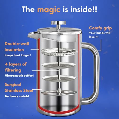 Ziruma Non-Toxic French Press, Surgical Stainless Steel Coffee Press, Plastic-Free, Heavy Metal-Free, No Endocrine Disruptors, 1000 ml, Double Wall, 4-Layer Filter, Portable Coffee Maker - Image 5