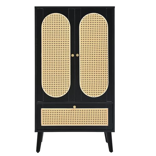 I0I&I0I Aparador de roble con puertas y cajones, mimbre de ratán, push-to-abierto, patas de madera maciza, armario de salón comedor, mueble de almacenamiento moderno con espacio de almacenamiento