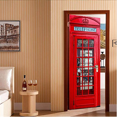 Jun Xiang Door Sticker Decor Removable Mural Wallpaper Of Pvc Art Sticker, London Red Phone Booth Wall Decal Art 3D Wallpaper #TOP4