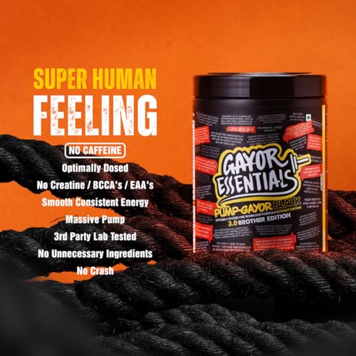 Image of Gayor Essentials Pump Gayor 3.0 Brother Edition Pre Workout Without Caffeine for Men & Women Focus Booster with Citrulline Glycerol and 5 Patented Ingredients Stimulant Free (Lemon Shikanji,665g)