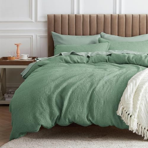 Image of Bedsure Waffle Comforter Set King, Green Soft Bedding, Waffle Weave Bed Set, 3 Pieces, 1 Comforter (104 inchx90 inch) and 2 Pillow Shams, Cotton Shell and Polyester Lining for All Seasons