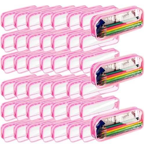Image of Fainne 50 Pcs Clear Pencil Pouch Bulk Clear Pencil Case Bag 7.87x 1.38 Inch PVC Waterproof Travel Toiletry Makeup Zipper Pouches for Office Stationery Travel Storage(Pink)
