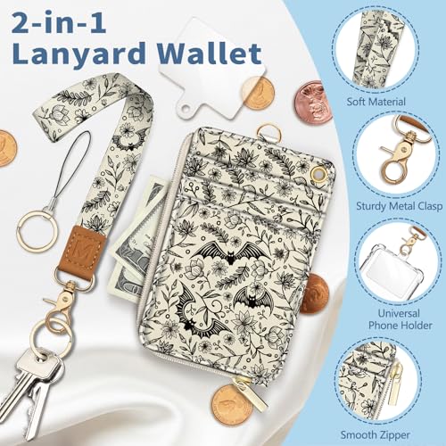 Lanyard Wallet with Id Badge Holder, Gothic Bat RFID Small Keychain Wallet Women Wristlet, Cute Zipper Credit Card Holder Phone Wrist Neck Strap for Key Name Tag, Teacher Student Office Gifts