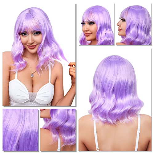 Kmiso Synthetic Wigs For Women - Short Wavy Wigs With Bangs - Hand-Trimmed Synthetic Fiber With Natural Seams, Adjustable Rose Mesh Band - Breathable Hair Piece For Black & White Women (Purple) #TOP5