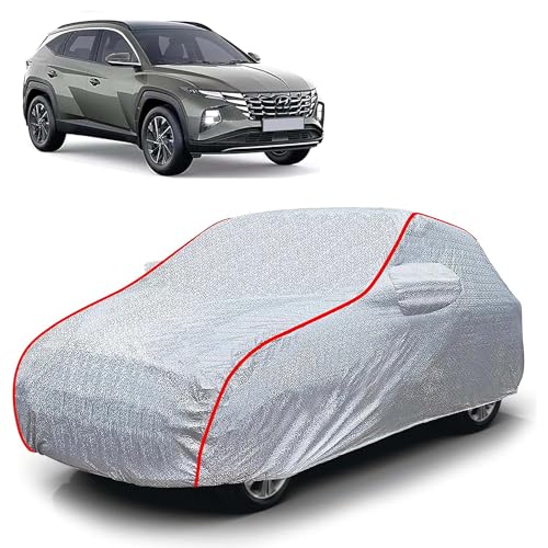 Image of Sulfar 100% Waterproof Car Body Cover Compatible with Mirror for Hyundai Tucson (Triple Stitched, Full Bottom Elastic, Magic Silver with Red Piping)