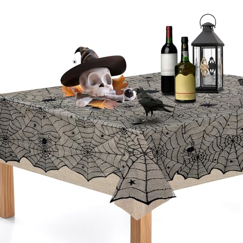Kreyfer 54 x 72 Inch Spider Web Lace Tablecloth, Black Cobweb Design Table Cover, Spooky Gothic Table Cloth Decoration for Halloween Dinner Haunted House Themed Party Supplies