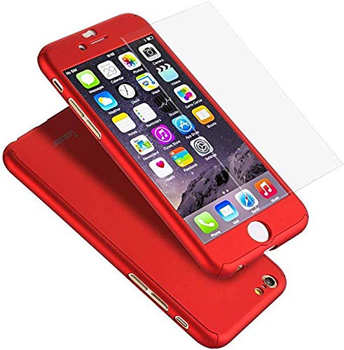 Excellentas 360 Full-Cover Hülle mit Panzerglas kompatibel mit iPhone 6 Plus, 6s Plus Schutzhülle Cover Case Schutz-Folie Glasprotector in Rot Cover
