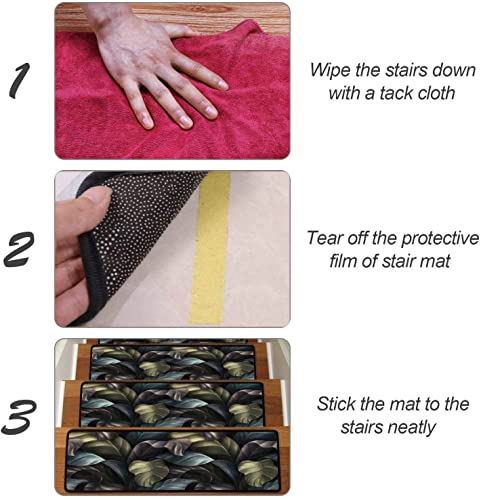 Dark Tropical Leaves Golden Silver Purple Colors Seamless Luxury Carpet Stair Treads Safety Rug Resistant Indoor For Kids Self-Adhesive Step Non-Slip Stair Mats With Magic Tape- 30"X8"-13Pcs #TOP3