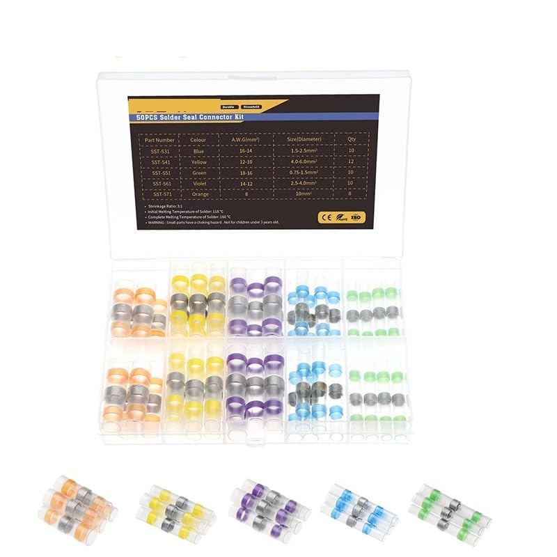 Kit di connettori termorestringenti per cavi elettrici, 50 pezzi, impermeabili, per saldatura