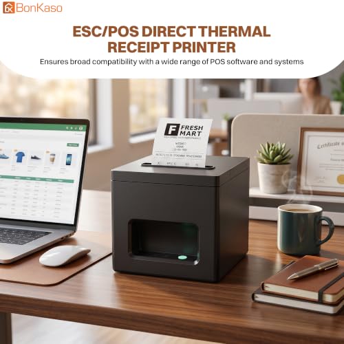 Image of BonKaso BKT04 80mm Thermal Receipt Printer POS Bill Printer 200mm /s High Speed ESC /POS with Auto Cutter USB LAN WiFi BT Connectivity for Retail Restaurant Warehouse Pharmacy 12x16x12cm Black