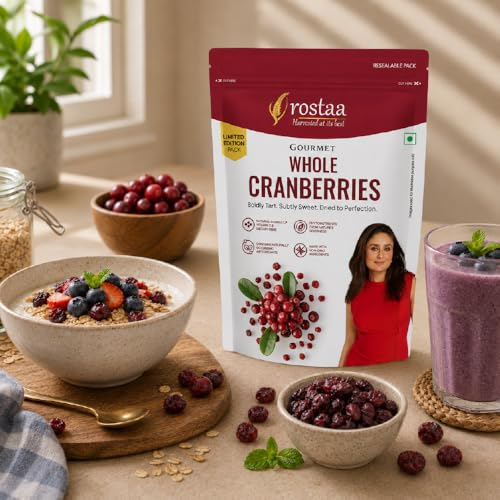 Image of Rostaa Gourmet Whole Cranberries | Premium Dried Cranberrie Rich in Antioxidants, Fiber & Vitamin C | Supports Immunity, Digestion & Heart Health | Naturally Sweet & Tangy Healthy Snack | 200g, Pack of 3 (600 GM, Whole Cranberrie )