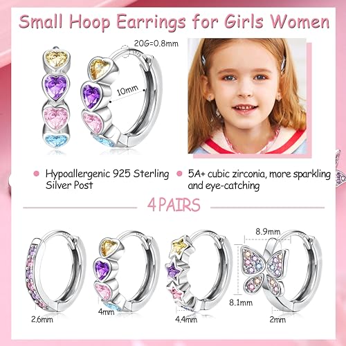 925 Sterling Silver Post Small Hoop Earrings For Girls - Hypoallergenic Huggie Earrings for Women Cute Heart Flowers Butterfly Star Cubic Zirconia Cartilage Earrings For Sensitive Ears 4Pairs2