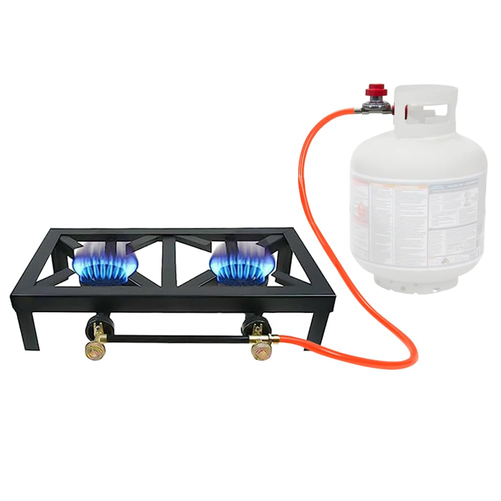 Fornello a Gas da Campeggio con 2 Fuochi,Gas Ghisa 6 KW Con tubo da 1,5 m riduttore pressione da 50 bar per Escursionismo Picnic