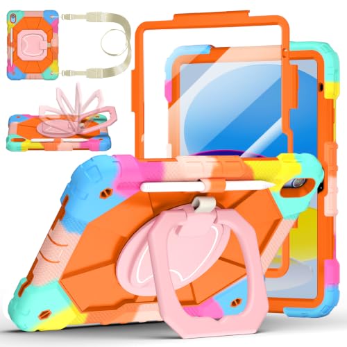 Image of Case for iPad (A16) 11th Generation 11 Inch 2025, Ubearkk for iPad 10th Generation 10.9 inch 2022 case with Screen Protector 360 Degree Rotating Stand Shoulder Strap Pencil Holder, Colorful Orange
