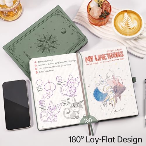 Image of EMSHOI Dotted Journal Notebook, 192 Pages, A5 Size (5.7'' x 8.3'') | Leather Hardcover, 100 GSM Thick Paper, for Journaling, Planning, Tracking & Sketching, Sun Debossed (Light Green)