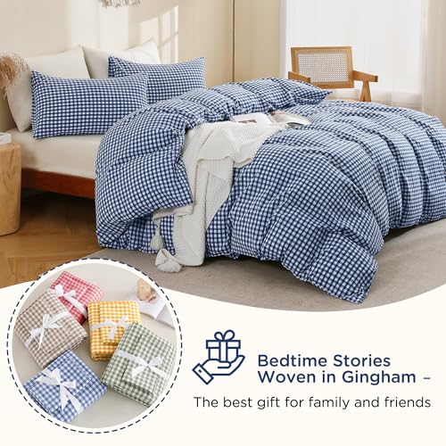 Image of TOCOMOA Navy Blue Gingham Duvet Cover Bedding Set 100% Washed Cotton Like Linen Feel Super Soft Comfy 3 Piece Dark Blue Plaid Checkered Comforter Cover Set (King 104 inchx90 inch, Comforter Not Included)