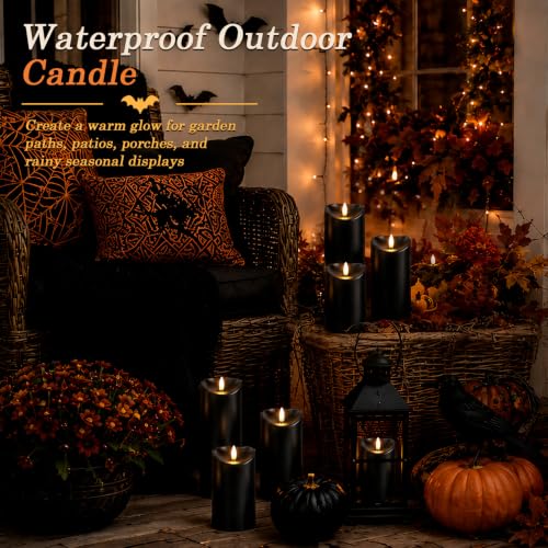 Image of Homemory Halloween Black Waterproof LED Candles with Remote Timer, Set of 6 | Flameless candles, D3 inchxH4 inch /4 inch /5 inch /6 inch /8 inch /8 inch, black plastic shell, indoor outdoor Halloween decor, porch, patio and lantern