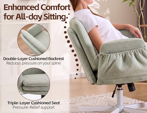 Image of Armrests Criss Cross Chair - Wide Comfy Swivel Vanity Chairs with Wheels, Comfortable Adjustable Home Office Desk Computer Chair for Reading Room, Bedroom, Makeup Room (Green)