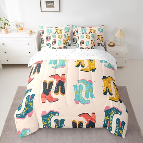 Erosebridal Cowboy Boots 7 Piece Comforter Set Full Bed in a Bag,Exotic Watercolor Bedding Sets Western Sheet Set with Comforter