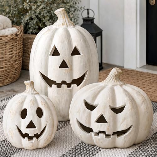 Fall Decor - White Handmade Terracotta Pumpkin Jack O Lantern Indoor