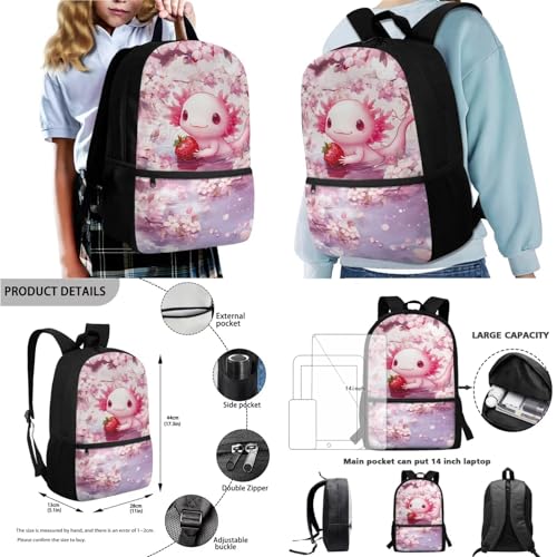 Suobstales Axolotl Strawberry Cherry Blossom Print Backpack for Girls Teen Kids 4 Pack School Bag with Lunch Box Pencil Case Water Bottle Sleeve Set Middle High School Bookbag Travel Daypack Satchel2