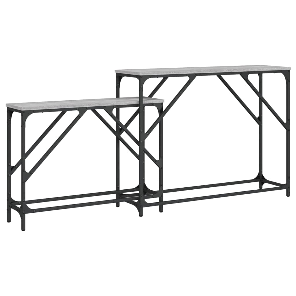 Stoły konsolowe, zestaw 2 sztuk, szary materiał drewnopochodny Sonoma, metalowa rama, szerokość 100/80 cm, stoliki pomocnicze do salonu, korytarza, przedpokoju, zajmują mało miejsca