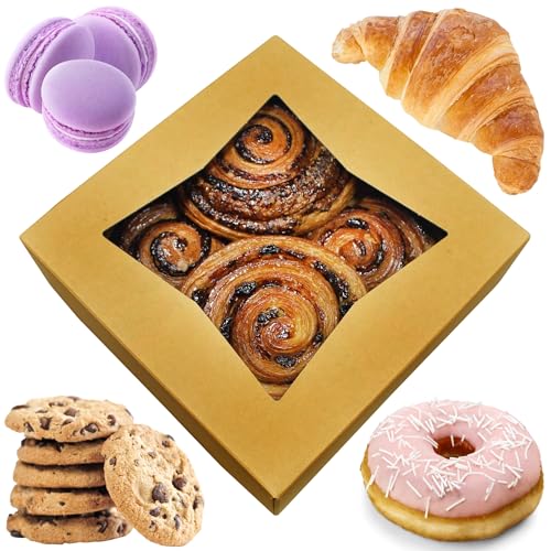 BAKELUV 8x8x2.5 Bakery Boxes with Window | Brown, 25 PCS | 8x8 Cookie Boxes 8x8 Cake Box, 8 Inch Bakery Boxes for Cinnamon Rolls, Treat Boxes, Dessert Boxes, Auto Pop Up