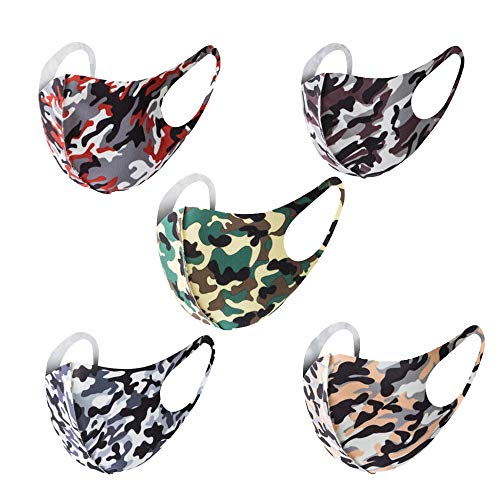 MASKGUARD 5 Color Pack Kpop Fashion Camo Face Masks - Anti Dust Washable Reusable Fabric Mouth Cover, Great for Outdoors, Protection, Pollens, and Travel