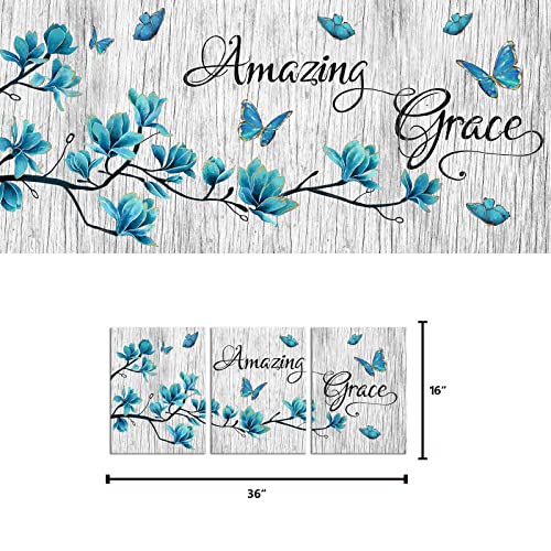 Welmeco 3 Pieces Turquoise Blue Magnolia Flowers Butterflies Painting Canvas Wall Art Amazing Grace Quote Sign Picture Rustic Wood Texture Giclee Prints Artwork For Modern Living Room Bedroom Office Bathroom Housewarming Gift #TOP4